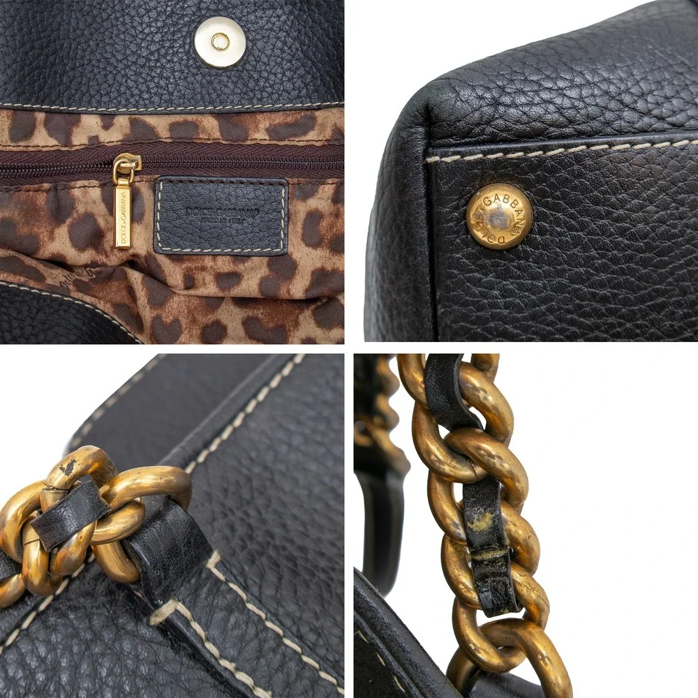 Dolce & Gabbana Black Pebbled Leather Chain Shoulder Tote Bag DG Leopard